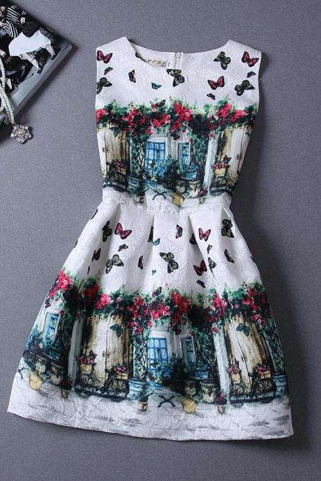 Retro Printing ButterflySleeveless Vest Dress For Women
