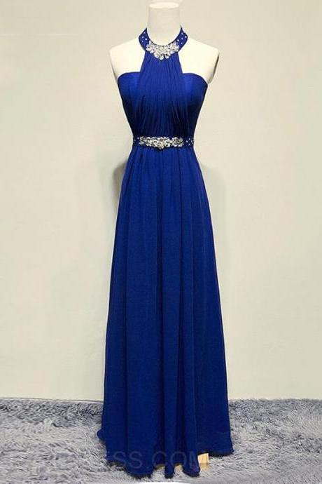 Blue Prom Dresses 2015 Long Halter Chiffon Evening Dresses Formal Gowns Women Bridal Gown Party Dress Long Prom Dress