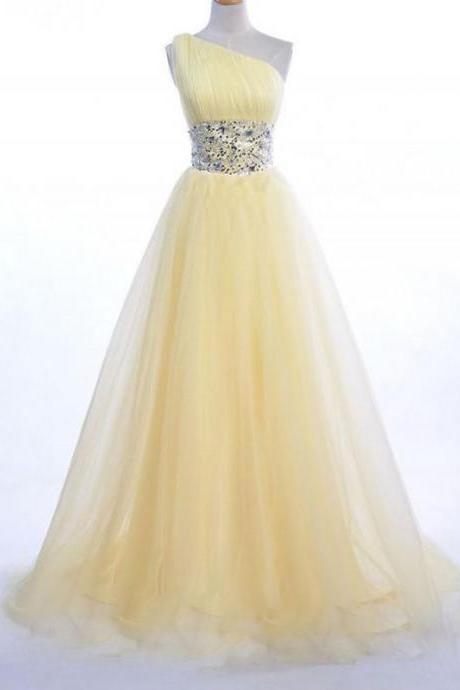 One Shoulder Yellow Evening Dress Prom Dresses Tulle Women Bridal Gown Party Dress Long Prom Dress