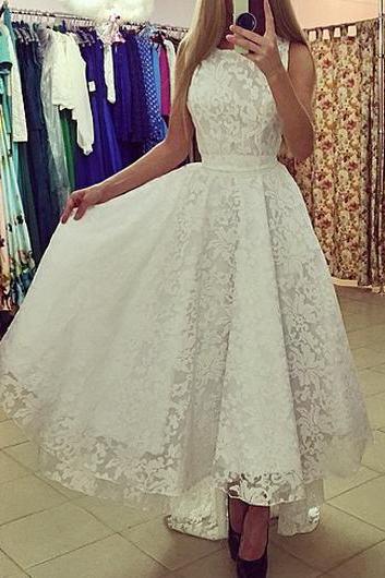 Elegant Lace Round Neck Asymmetric Maxi Dress - White 
