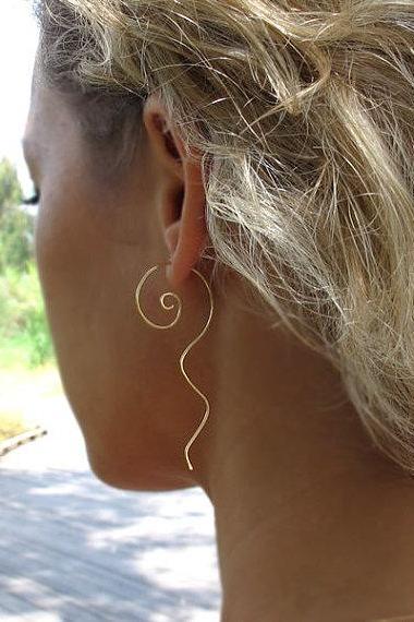 Gold Earrings - Swirl Hoop Earrings with tail - Modern Earrings - Fashion Jewelry