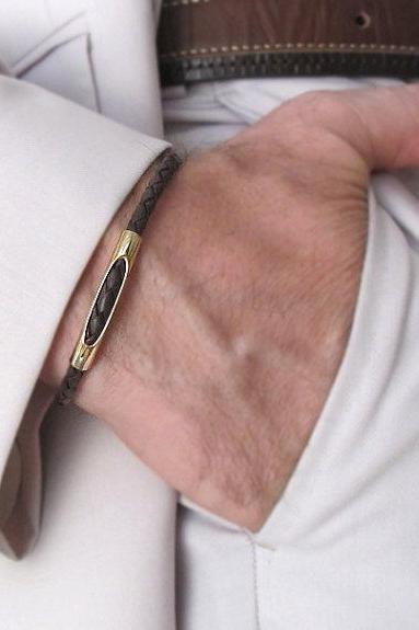 Leather Bracelet for Men - Elegrant Men's Bracelet - Braided Leather bracelet with Gold Tube