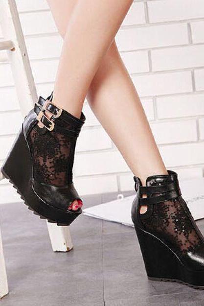 Black Peep Toe Wedge Shoes with Lace Design