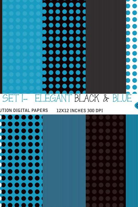 Set 001 - Elegant Digital Paper, Geometric Pattern, Geometric Digital Background, Scrapbook Paper, Printable Paper, Web Design, Black, Blue