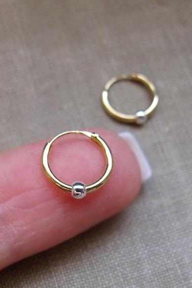 Endless Earrings - Small Gold Hoop Earrings With Silver Bead - Earrings For Cartilage, Tragus, Seamless, Catchless,