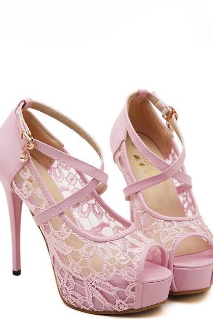 Cross Strap Pink Lace Design Peep toe Shoes