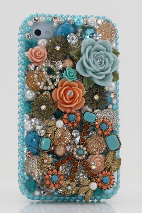 Bling Crystals Phone Case for iPhone 6 / 6s, iPhone 6 / 6s PLUS, iPhone 4, 5, 5S, 5C, Samsung Note 2, Note 3, Note 4, Galaxy S3, S4, S5, S6, S6 Edge, HTC ONE M9 (BLUE PEACE DESIGN) By LuxAddiction