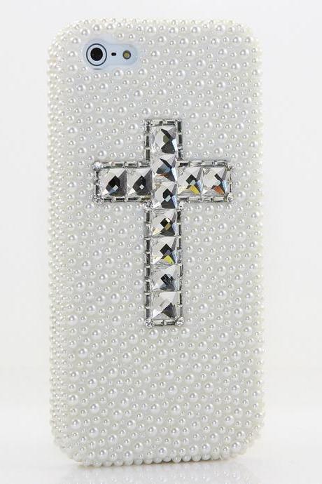 Bling Crystals Phone Case for iPhone 6 / 6s, iPhone 6 / 6s PLUS, iPhone 4, 5, 5S, 5C, Samsung Note 2, Note 3, Note 4, Galaxy S3, S4, S5, S6, S6 Edge, HTC ONE M9 (WHITE PEARL CROSS DESIGN) By LuxAddiction