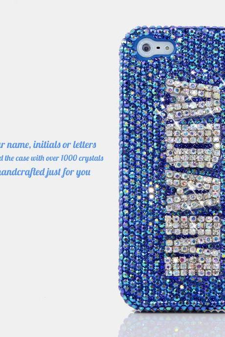 Bling Crystals Phone Case for iPhone 6 / 6s, iPhone 6 / 6s PLUS, iPhone 4, 5, 5S, 5C, Samsung Note 2, Note 3, Note 4, Galaxy S3, S4, S5, S6, S6 Edge, HTC ONE M9 (BLUE WITH CLEAR DIAMONDS PERSONALIZED NAME & INITIALS DESIGN) By LuxAddiction
