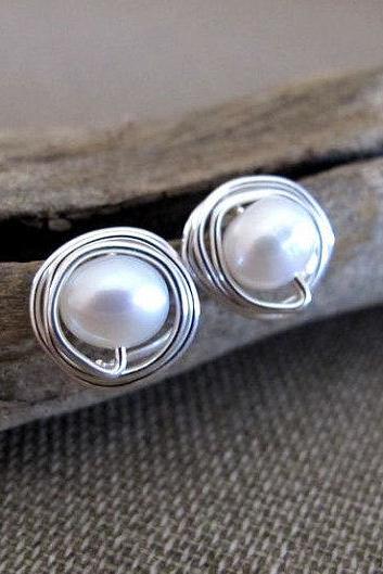 Handmade Pearl Stud Earrings - Pearls Studs - Minimalist Pearl Stud Post Earrings