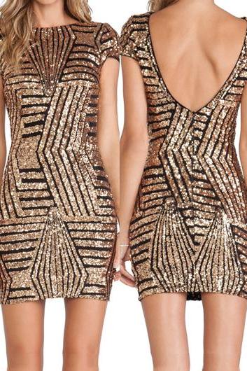 Sexy Sequin Embellished Gold Backless Sheath Dress (2 Colors)