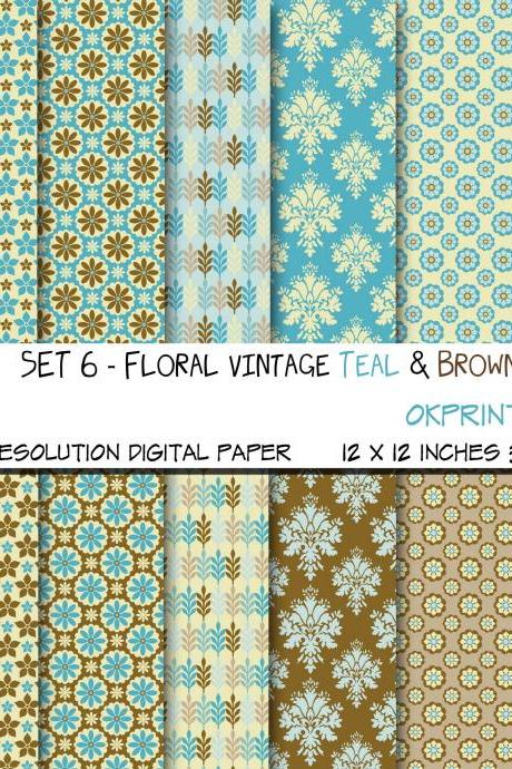 Set 006 - Floral Vintage Teal &amp;amp; Brown Digital Paper, Floral Pattern, Floral Digital Background, Scrapbook Paper, Printable Paper, Web