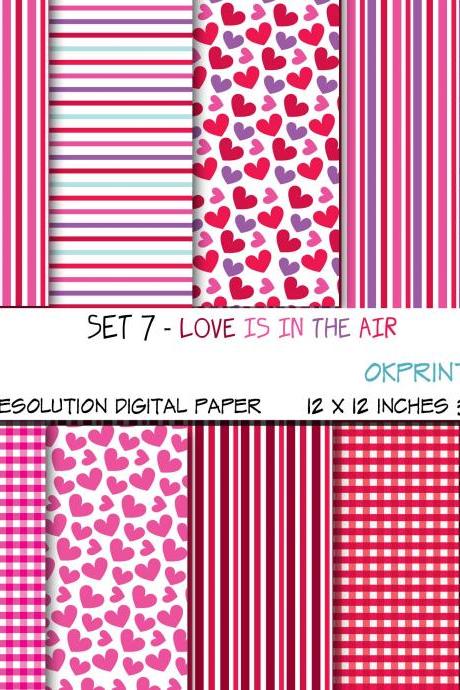 Set 007 - Love Is In The Air Digital Paper, Hearts Pattern, Gingham Pattern, Digital Background, Scrapbook Paper, Printable Paper, Web Design