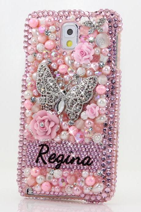 Bling Crystals Phone Case for iPhone 6 / 6s, iPhone 6 / 6s PLUS, iPhone 4, 5, 5S, 5C, Samsung Note 2, Note 3, Note 4, Galaxy S3, S4, S5, S6, S6 Edge, HTC ONE M9 (3D PINK BUTTERFLY PERSONALIZED NAME & INITIALS DESIGN) By LuxAddiction