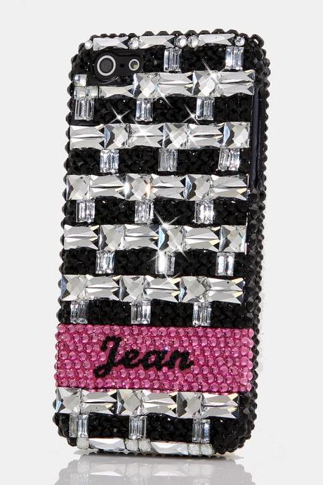 Bling Crystals Phone Case for iPhone 6 / 6s, iPhone 6 / 6s PLUS, iPhone 4, 5, 5S, 5C, Samsung Note 2, Note 3, Note 4, Galaxy S3, S4, S5, S6, S6 Edge, HTC ONE M9 (CLEAR AND BLACK BLOCKS PERSONALIZED NAME & INITIALS DESIGN) By LuxAddiction