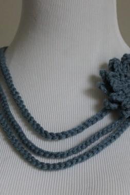 Crochet Necklace Flower Brooch Dusty Blue