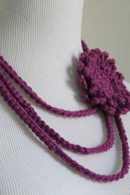 Crochet Necklace Flower Brooch Layered Necklace Magenta
