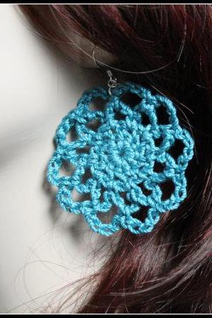 Crochet Earrings Teal Lace Doily Motif Spring Fasion