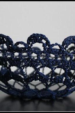 Crochet Lace Doily Bowl Basket Navy Blue