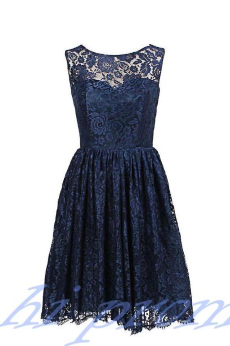 Lace Bridesmaid Dress,Short Bridesmaid Gown,Navy Blue Bridesmaid Gowns,Wedding Bridesmaid Dresses,Fall Bridesmaid Gowns,Vintage Brides Dress,Dark Navy Prom Gowns