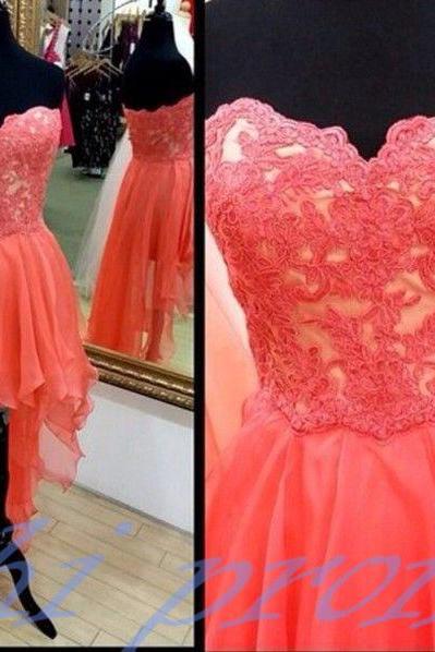 Lace Homecoming Dress,High Low Homecoming Dresses,High low Homecoming Gowns,Coral Prom Dress,Chiffon Prom Dresses,Sweet 16 Dress,Simple Evening Dresses For Teens