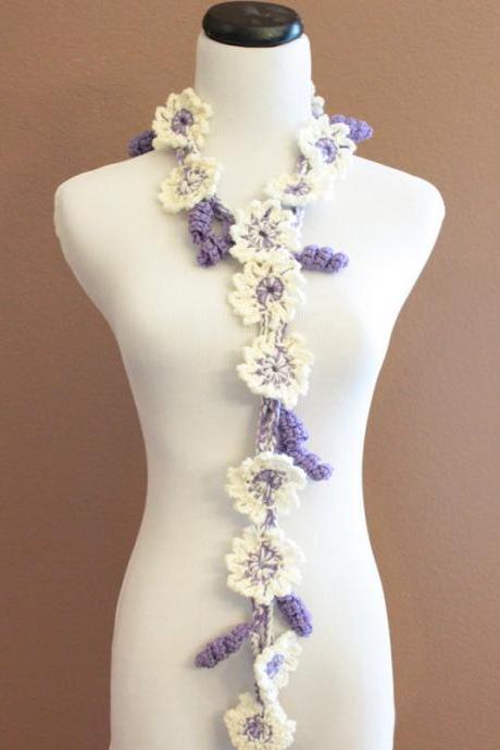 Crochet Flower Scarf Lariat Ivory Cream and Purple Spring Fashion