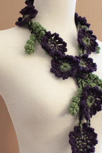 Crochet Flower Scarf Lariat Purple and Green Spring Fashion