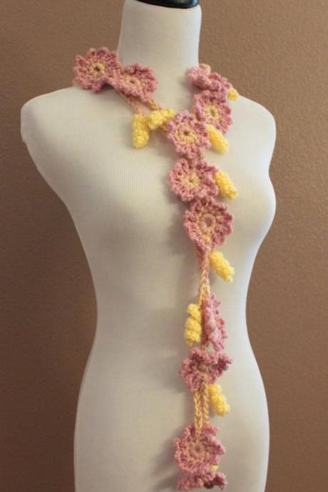 Crochet Flower Scarf Lariat Spring Fashion Pink and Yellow