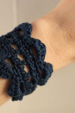 Crochet Bracelet Lace Cuff Navy Blue