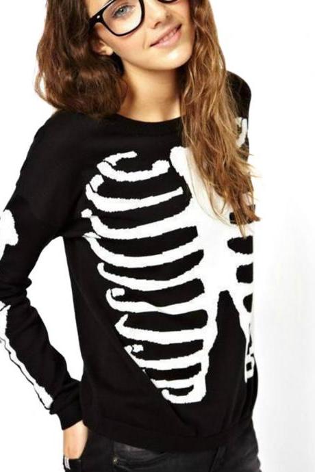 Women Autumn Winter Fashion Novelty Skeleton Pattern High Street Sweaters