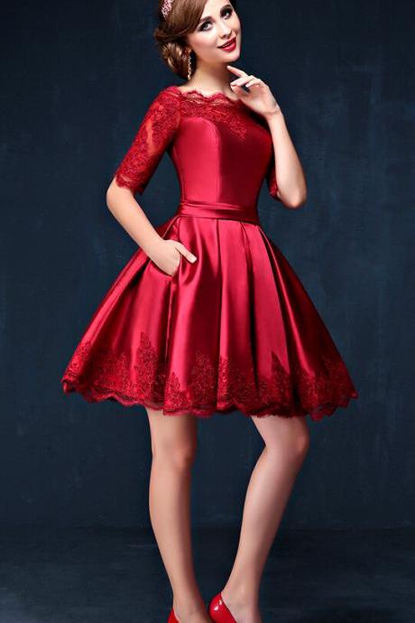 Hd09012 Charming Homecoming Dress,Satin Homecoming Dress,Lace Homecoming Dress,Half-Sleeve Homecoming Dress
