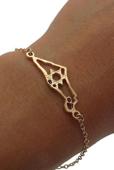 Jewish Bracelet - Gold Israel Map Bracelet - Star of David Bracelet - Jewish Gift Idea