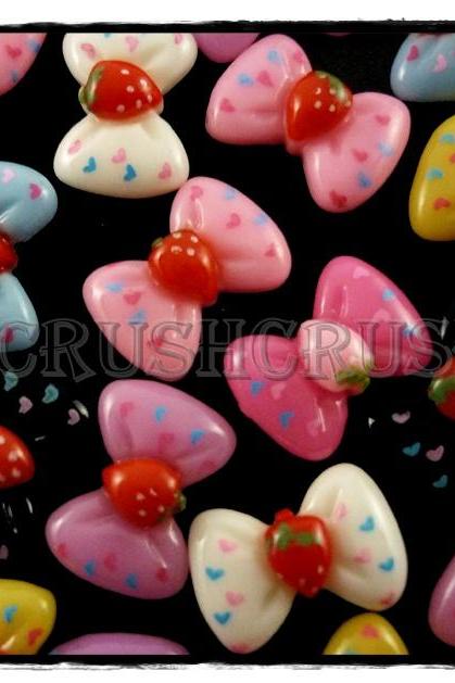  50pcs Resin Ribbon Bow with Strawberry Flatback Cabochons F566