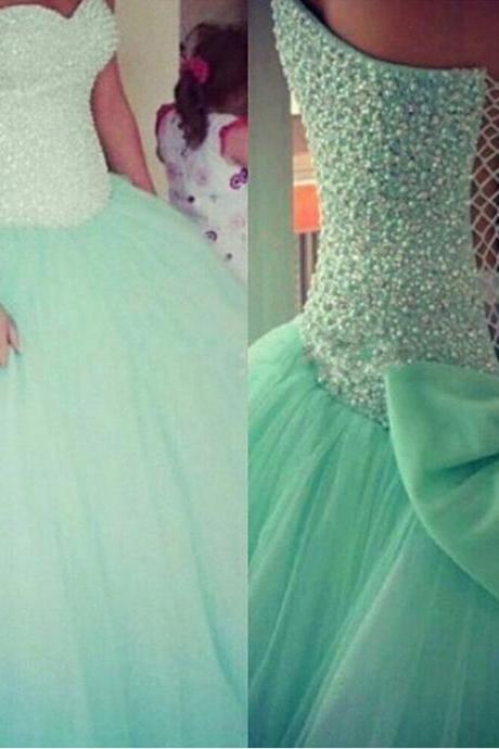 Custom Made Mint Green Tulle Ball Gown Quinceanera Dress Beadwork Crystal Party Prom Dresses Sweet 16