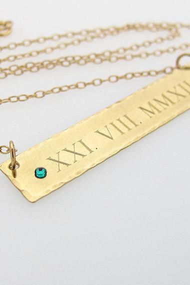 Anniversary Necklace - Roma Numeral Engraved Bar Necklace - Gold Filled Bar Necklace With Birthstone