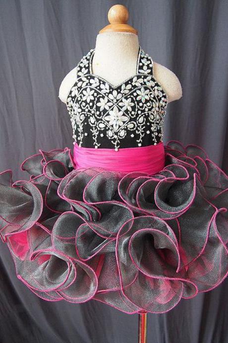 Black Little Girl's Pageant Dresses, Ruffle Little Girl's Cupcake Dresses, Short Mini Little