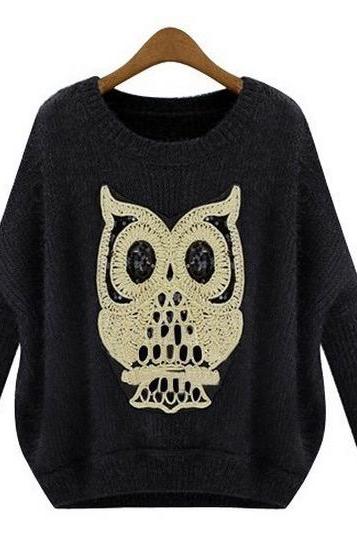 Hot sale Loose Owl Irregular Bottom Knitting Sweater for women
