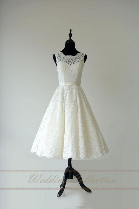 Lace Wedding Dress Sheer Neckline With Waistband Tea Length Garden Bridal Dress