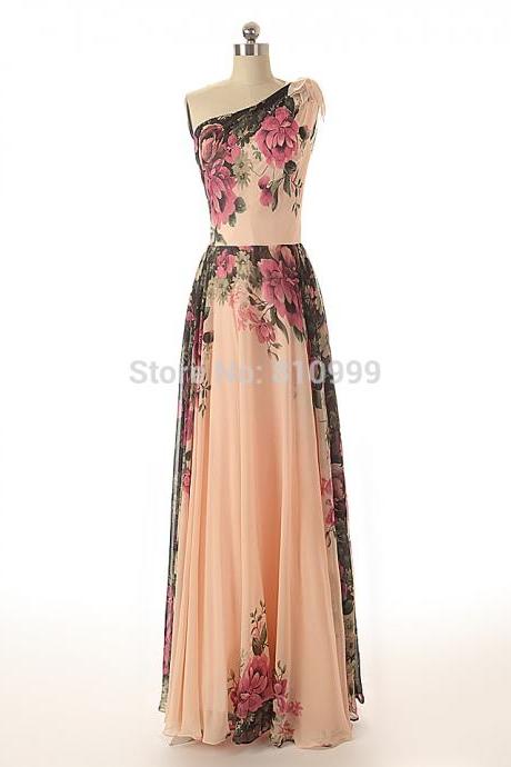 One-shoulder Floral Printed Flower Sexy Lady Formal For Wedding Party Dress Long Evening Dresses Gown