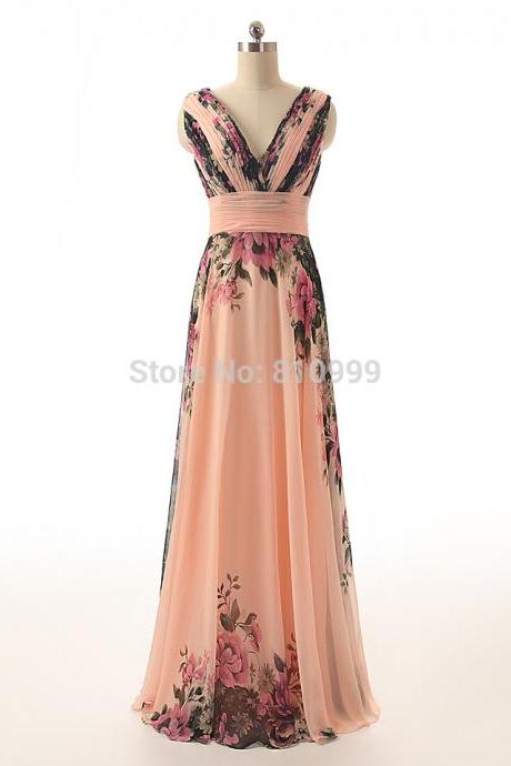 Floral Printed Flower Sexy Lady Formal For Wedding Party Dress Long Evening Dresses Gown V-neck