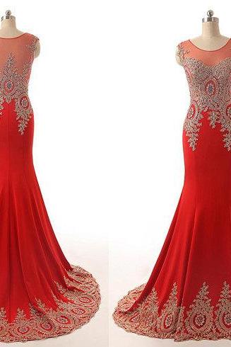 Scoop Appliques Lace Gold And Red Mermaid Chiffon Long Prom Dress Evening Long Dress Long Chiffon Dress