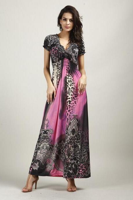 Hot V-neck Summer Beach Dress Bohemian Dress Leopard Mopping Large Size Ice Silk Dress