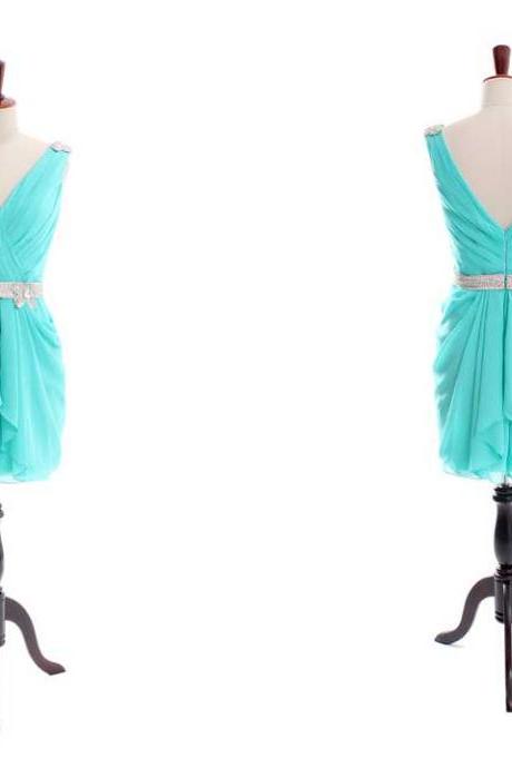 Fashion Belt Dress Mint v-neck Prom Dress Evening Dress Chiffon Knee-Length Bridesmaid Dresses