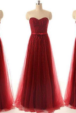 Sweetheart Strapless A Line Wedding Party Dress Elegant Long Burgundy Red Wine Lace Prom Dress Formal Evening Dresses Bridesmaid Dress Burgundy bridesmaid dress wedding party dress
