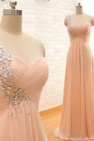 Custom Made One Shoulder Crystal Prom Dress 2015 Sweetheart One Shoulder A Lone Long Chiffon Crystal Prom Dresses