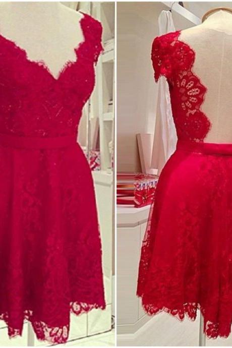 Elegant V Neck Low Back Red Lace Dress