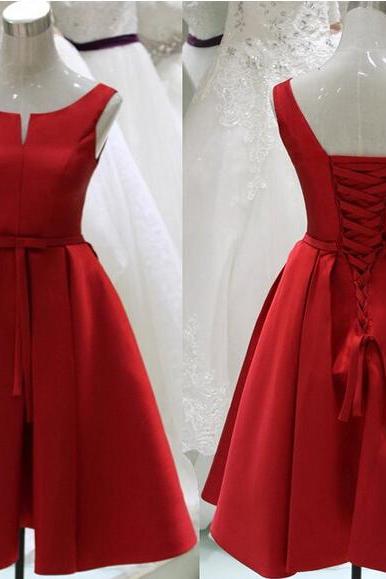 Pretty Red Sation Short Red Lace-up Prom Dresses, Short Red Formal Dresses, Graduation Dresses, Red Homecoming Dresses