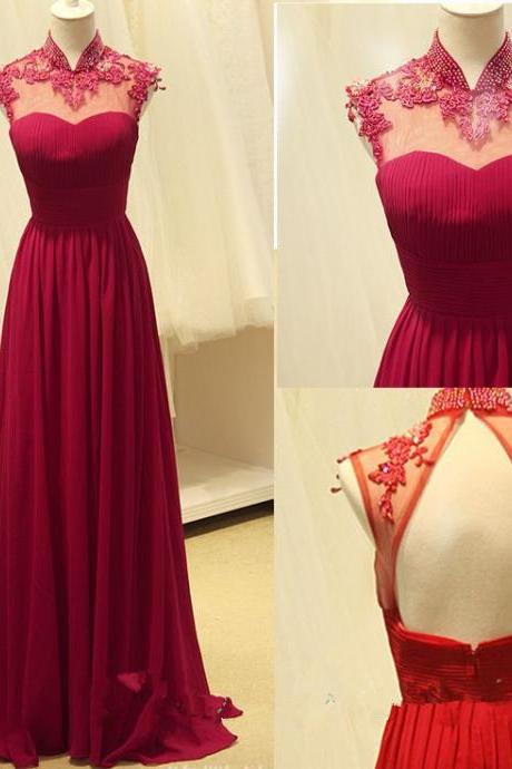 High Quality Handmade A-Line Rose-Red Chiffon Floor Length Backless Prom Gown 2017 Long Prom Dresses 2016 Prom Dresses Formal Dresses