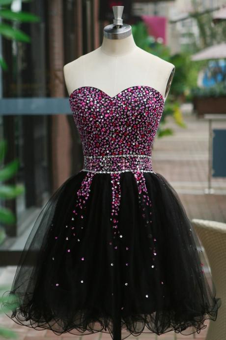 Elegant Sleeveless Black Tulle Short Prom Dress, 2016 Party Dress ,evening Dresses, Cocktail Dress Homecoming Dress
