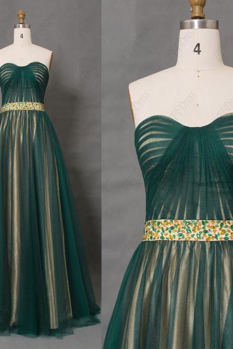 Dark Green Two Tone Long Prom Dresses, With Crystal Beadings Formal Gowns ,evening Dresses, Wedding Guest Dresses